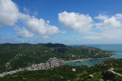 High angle view of bay against sky