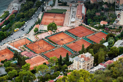 High angle view of buildings in town