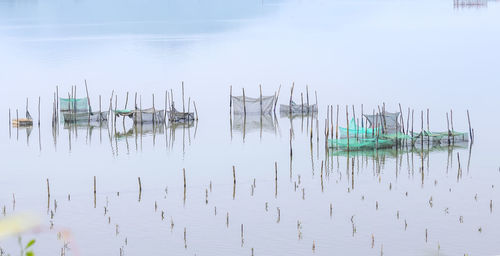 Scenic view of wooden posts in water against sky