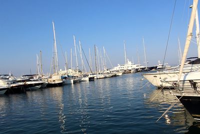 Sailboats moored at harbor against clear blue sky