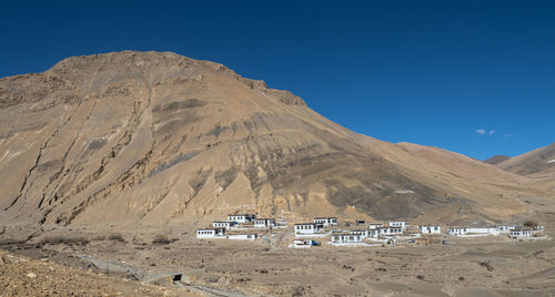 Scenic view of desert against clear blue sky