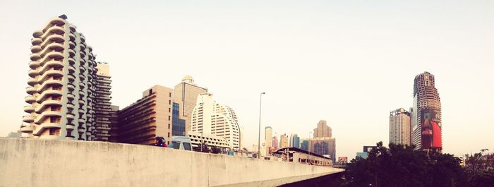 Low angle view of buildings against clear sky