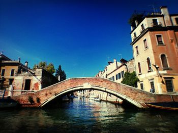 Bridge over river with buildings in background