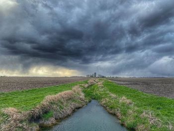 Scenic view of field against cloudy sky