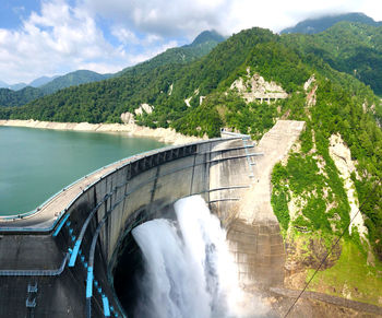 High angle view of dam on mountain against sky