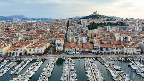 High angle view of cityscape against sky