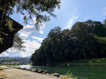 Scenic view of lake by trees against sky