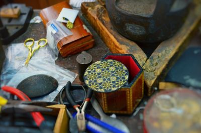 High angle view of various objects on table