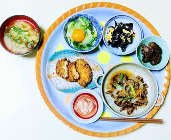 High angle view of food served on table