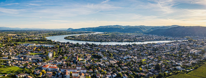 High angle view of cityscape against sky