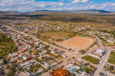 High angle view of townscape against sky