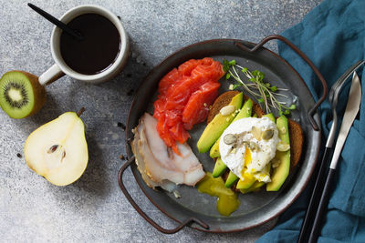 High angle view of breakfast served on table