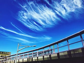 Low angle view of train against blue sky