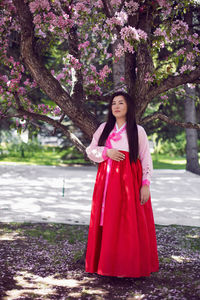 Portrait young woman a korean bride in national costumes stand by cherry blossom tree in spring.