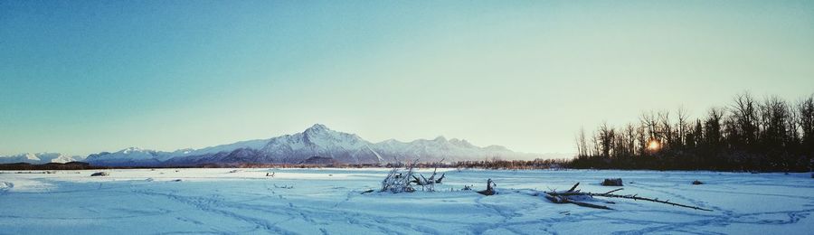 Scenic view of landscape against clear sky during winter