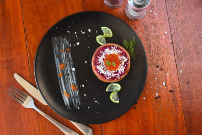 High angle view of food in plate on table