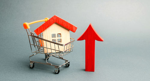 Wooden house in a supermarket trolley and red arrow up. 