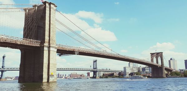 View of suspension bridge against cloudy sky