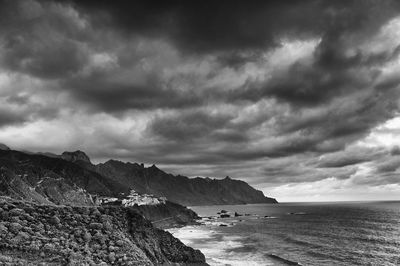 Scenic view of calm sea against cloudy sky