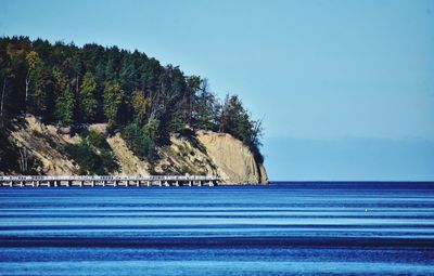 Scenic view of sea against clear blue sky