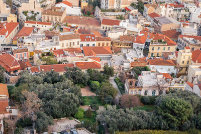 Aerial view of preserved historic buildings in the plaka neighborhood of athens, greece