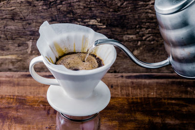 High angle view of coffee on table