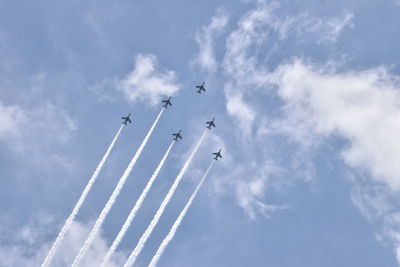 Low angle view of airplane flying against sky