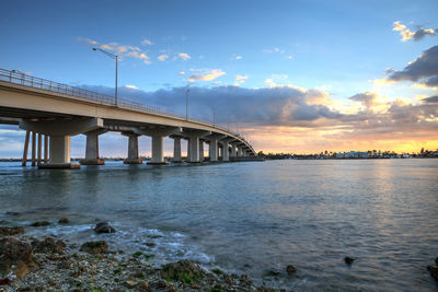 Great blue heron ardea herodias stands in the water as the sun sets over the bridge roadway 