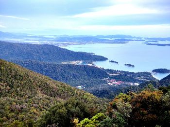 Scenic view of sea and mountains against sky