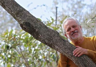Low angle view of man on tree trunk