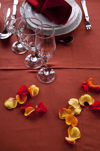 High angle view of fruits in plate on table