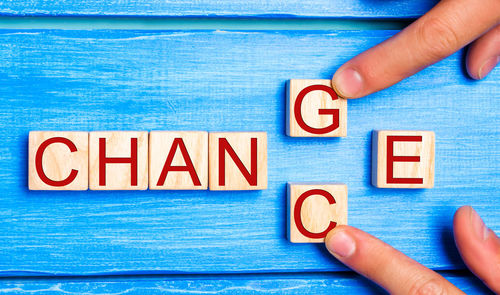 Wooden cube with word change to chance on wood table. personal development 