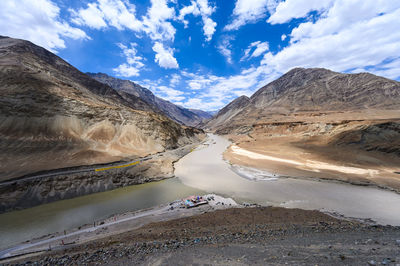 Scenic view of lake by mountains against sky