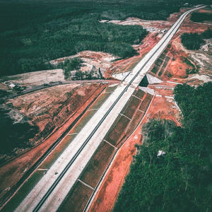 High angle view of road amidst trees on field