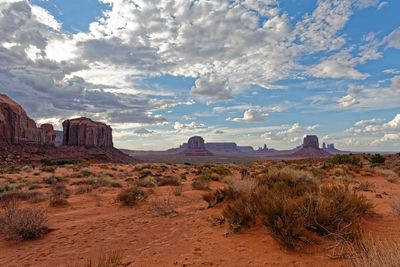 Panoramic view of desert against cloudy sky