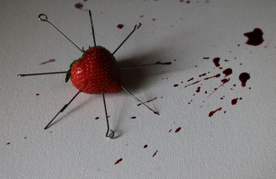 Close-up of needles in strawberry by splattered blood on white paper