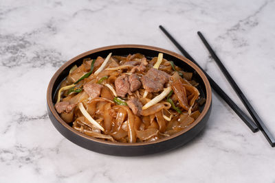 High angle view of food in bowl on table