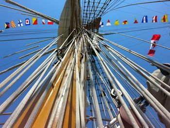 Directly below shot of flags and masts on riggings