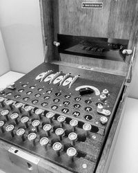 High angle view of old machine on table