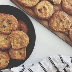 High angle view of cookies in plate on table