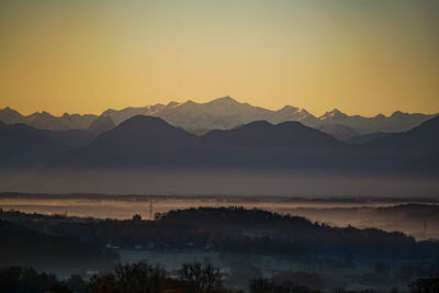 Scenic view of silhouette mountains against sky during sunset