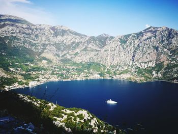 Scenic view of sea and mountains against sky