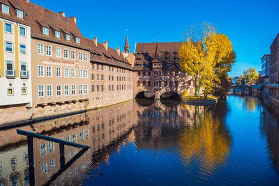 Canal amidst buildings against blue sky