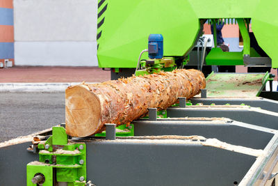 A large pine log is mounted on a modern woodworking machine.