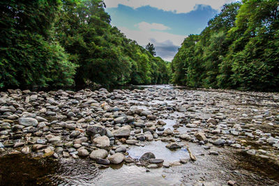 Scenic view of river amidst rocks against sky