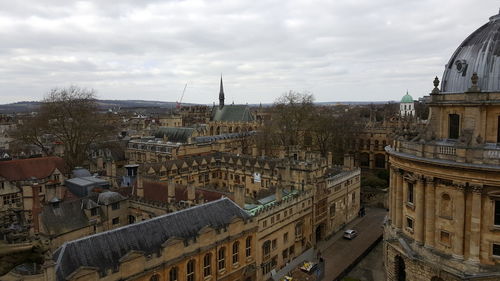 High angle view of buildings in town against sky