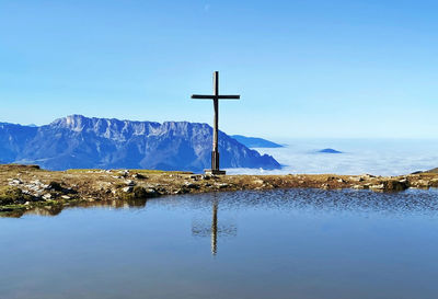 Scenic view of lake and mountains against blue sky