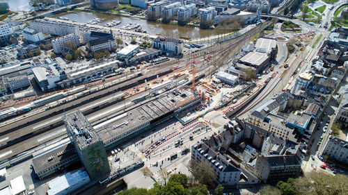 High angle view of street amidst buildings in city