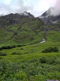 Scenic view of green landscape and mountains against sky