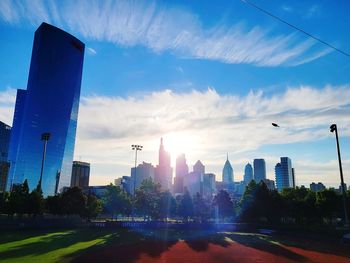 Panoramic view of city at sunset